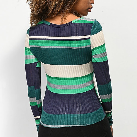 Ribbed Knit Striped Snap Button Henley Top - Picture 3 of 6